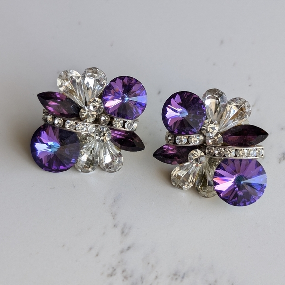 Wendy Gell Purple/Blue Faceted Rivoli and Clear Teardrop Clip Earrings. - Picture 2 of 3